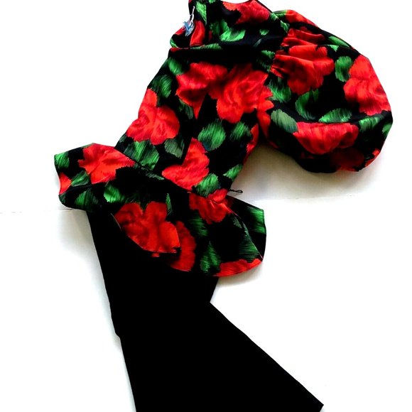 Mr. Mort Dress Black Red Floral Puff Sleeves Wedding Party Art Deco VTG… - Picture 7 of 14